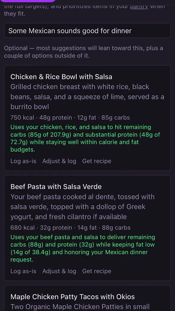 Typing a craving and getting meal suggestions with a full recipe