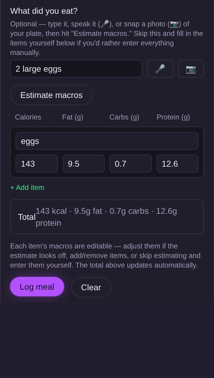 A meal description estimated into an itemised list of calories and macros