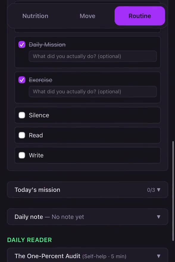 Switching between the meal log, the workout log and the routine checklist