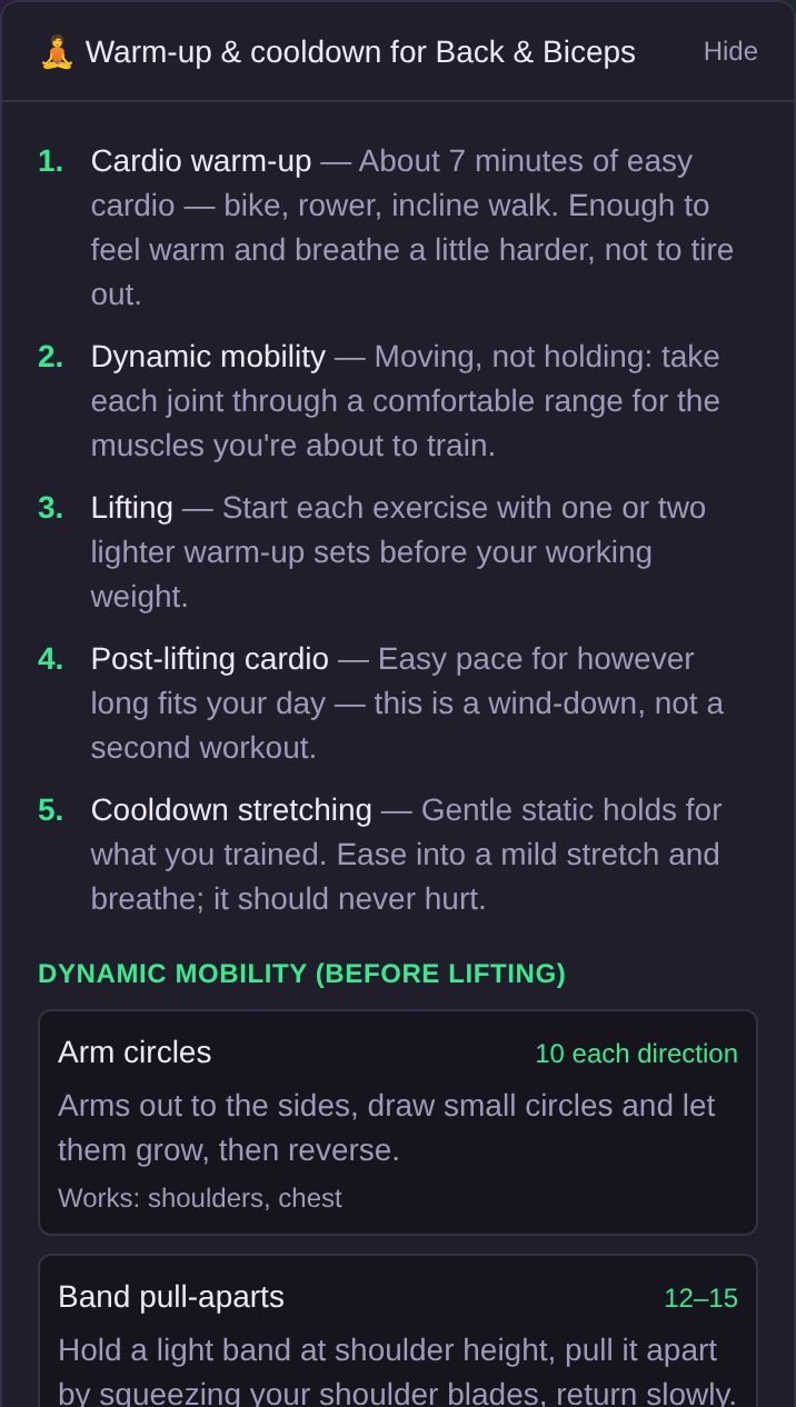 The warm-up and cooldown guide for a back and biceps day